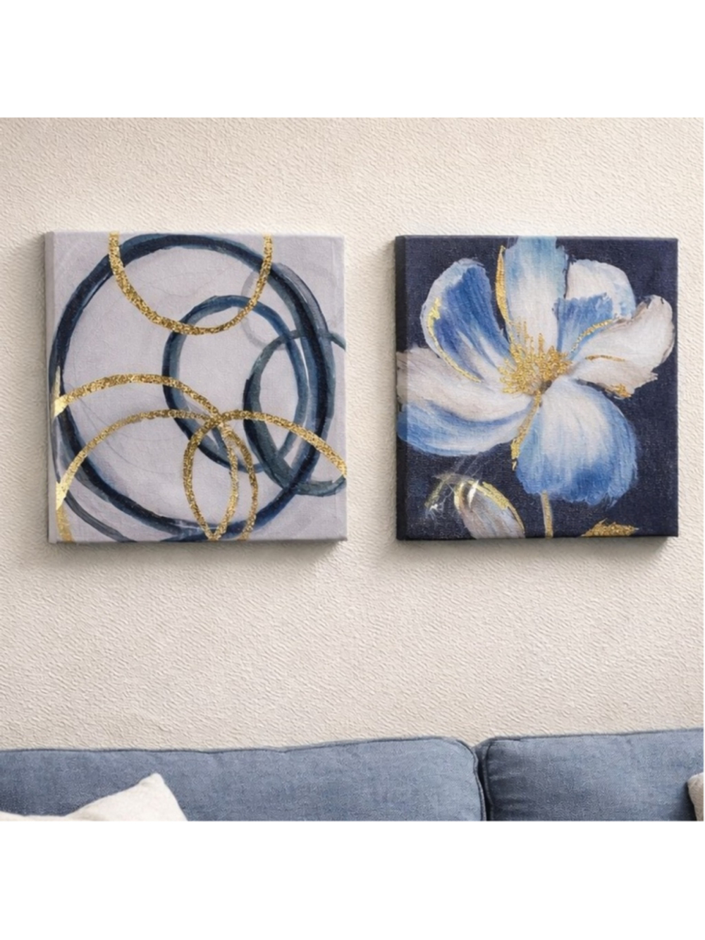 NEW Blue Gold Abstract & Floral Canvas Art Set (2) | 8x8 | Modern Neutral Art.